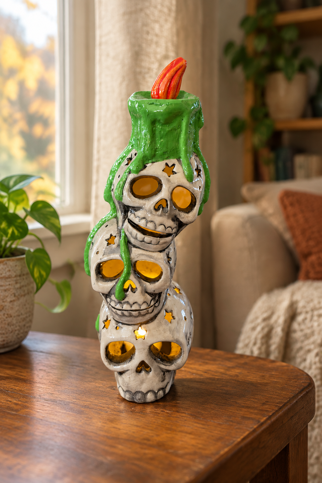 Ceramic skull stack in a naturally lit home setting
