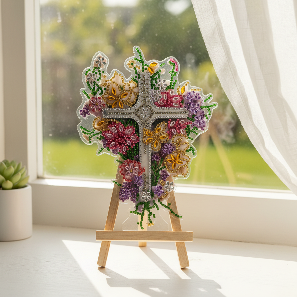 Sparkling floral cross diamond art displayed on a wooden stand in soft natural light