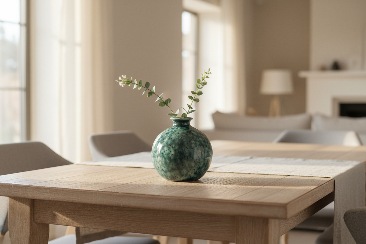 Handcrafted blue and green ceramic bud vase on a bright windowsill in a lifestyle setting