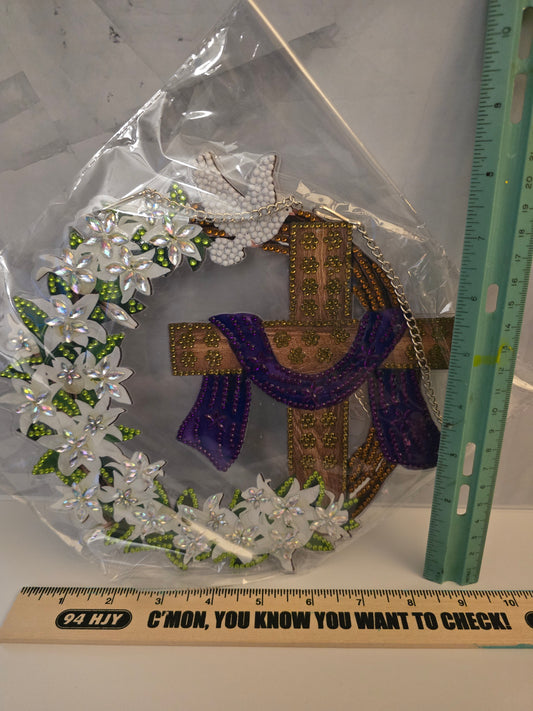 Decorative cross with purple sash and flowers wall hanging