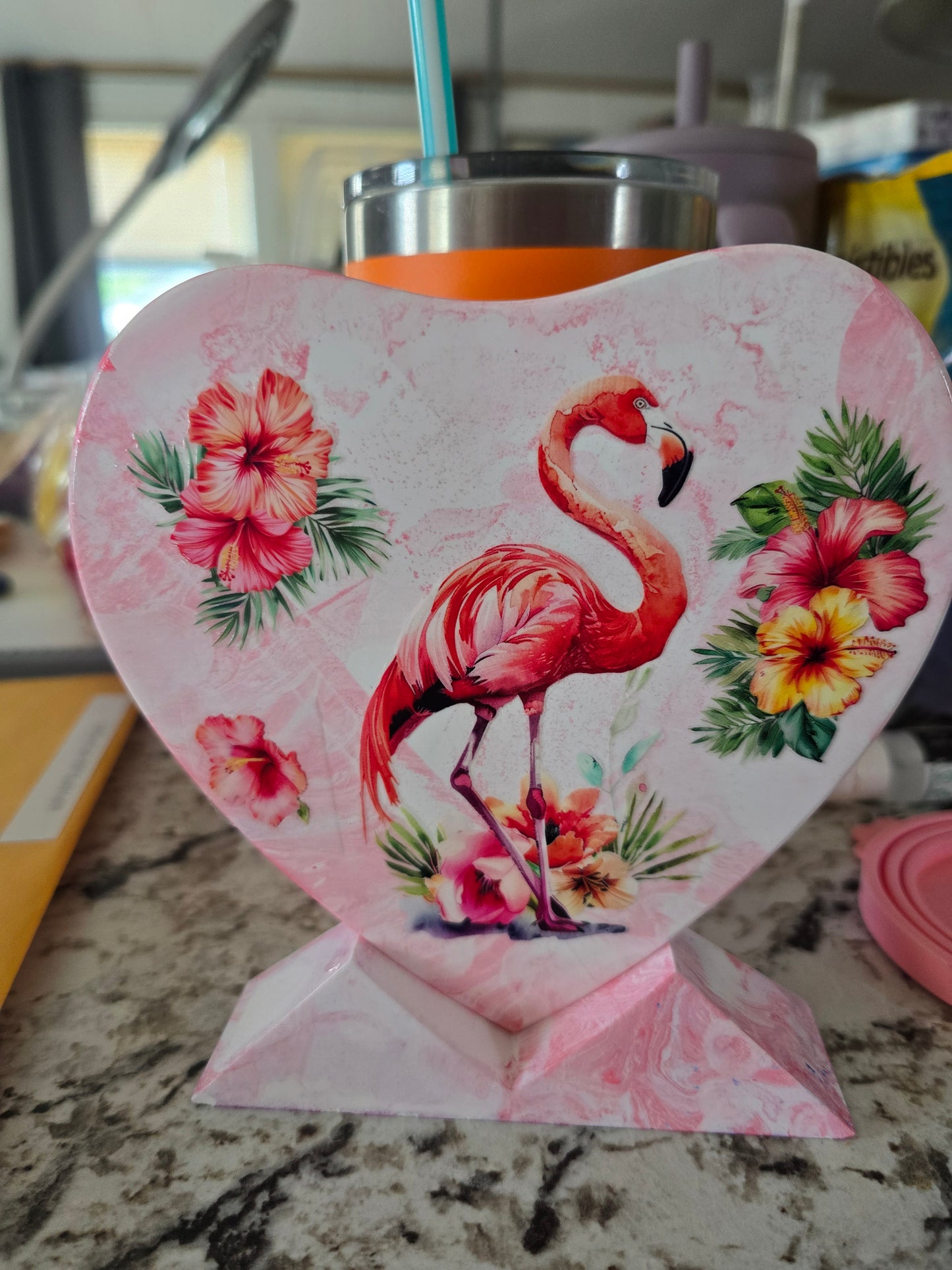 Hand-Painted Flamingo Ceramic Heart Stand