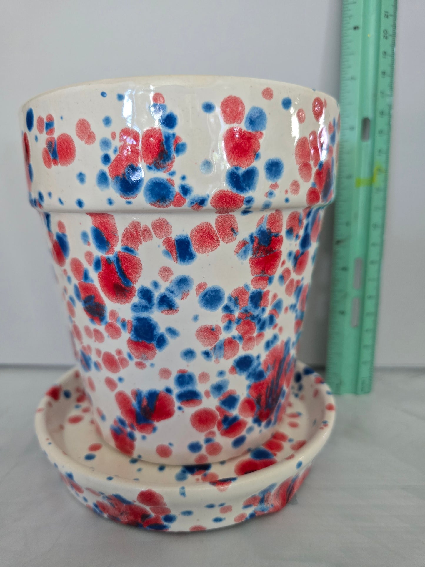 Handcrafted Ceramic Planter with Saucer in Red White and Blue