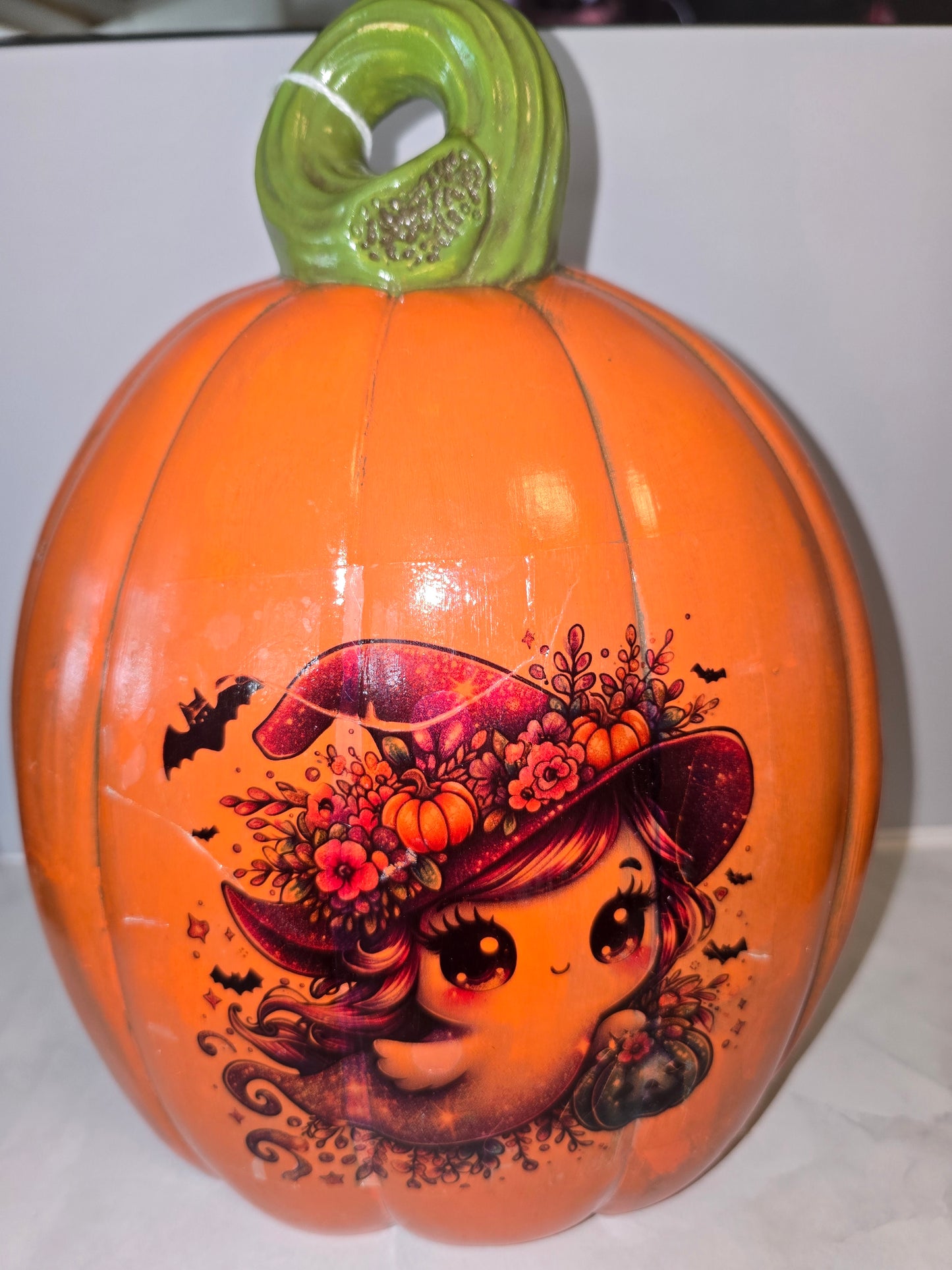 Hand-Painted Ceramic Pumpkin with Ghost Witch Design