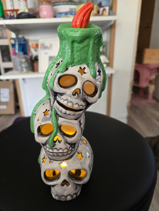 Ceramic Skull Stack Light-Up Halloween Decor