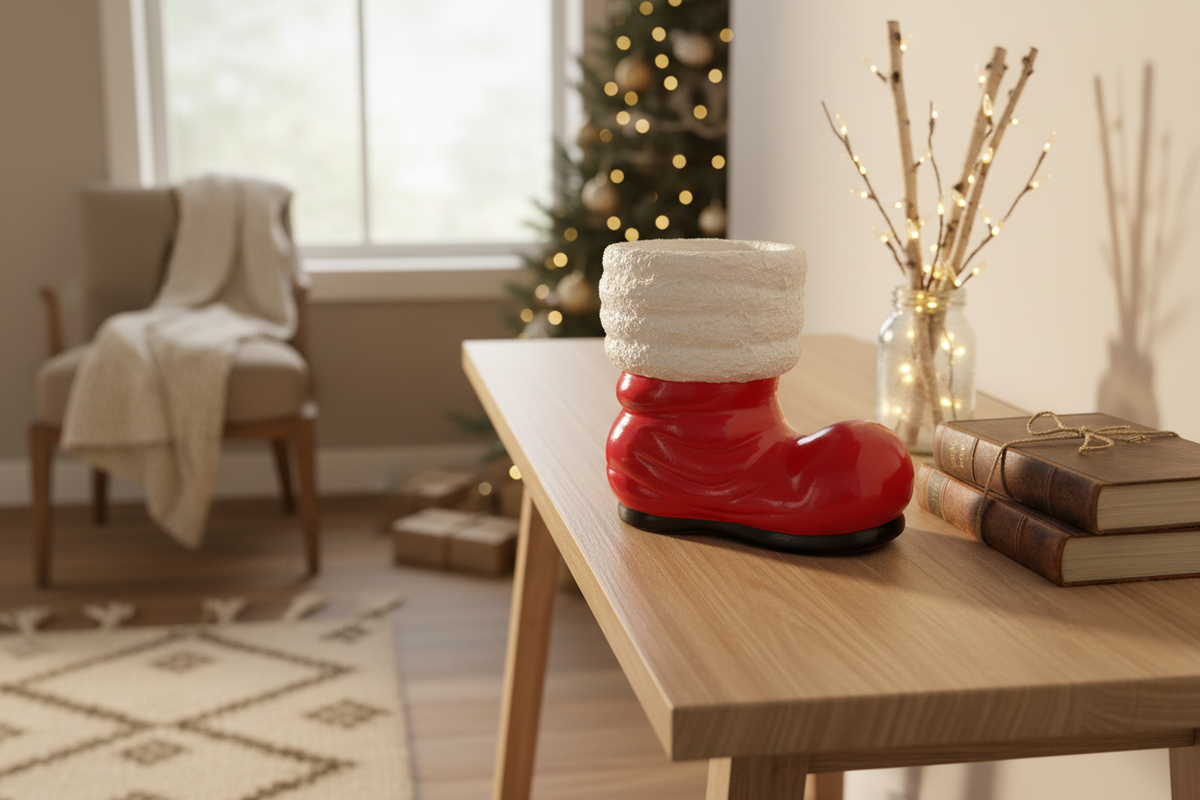 Red ceramic Santa boot in a lifestyle mantel or entryway setting with warm natural light
