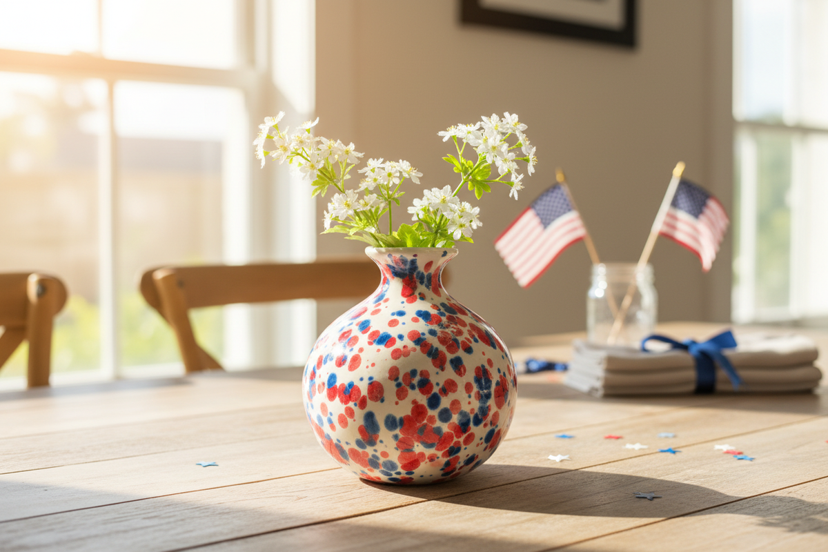 Handcrafted red white and blue speckled ceramic bud vase on a bright windowsill with patriotic summer decor