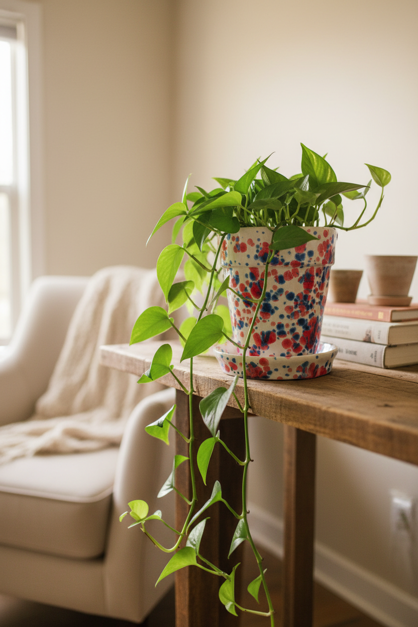 Handcrafted red white and blue speckled ceramic planter styled on a wooden shelf with a trailing plant