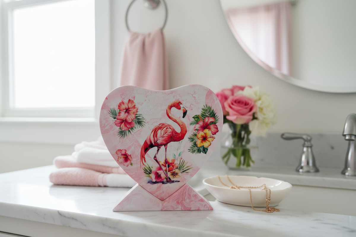 Flamingo ceramic heart stand on a vanity or dresser in a bright feminine lifestyle setting