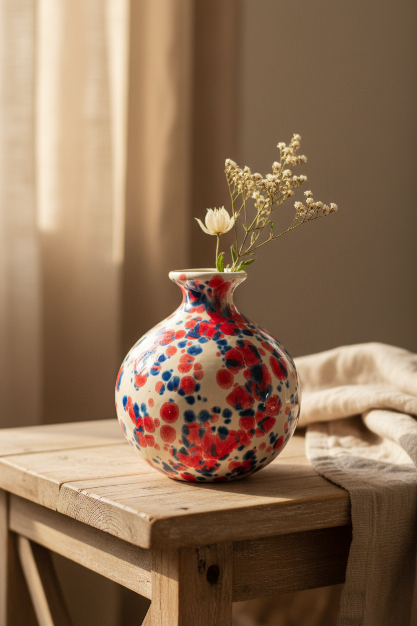 Handcrafted red white and blue speckled ceramic bud vase styled on a wooden shelf with a wildflower and linen textures