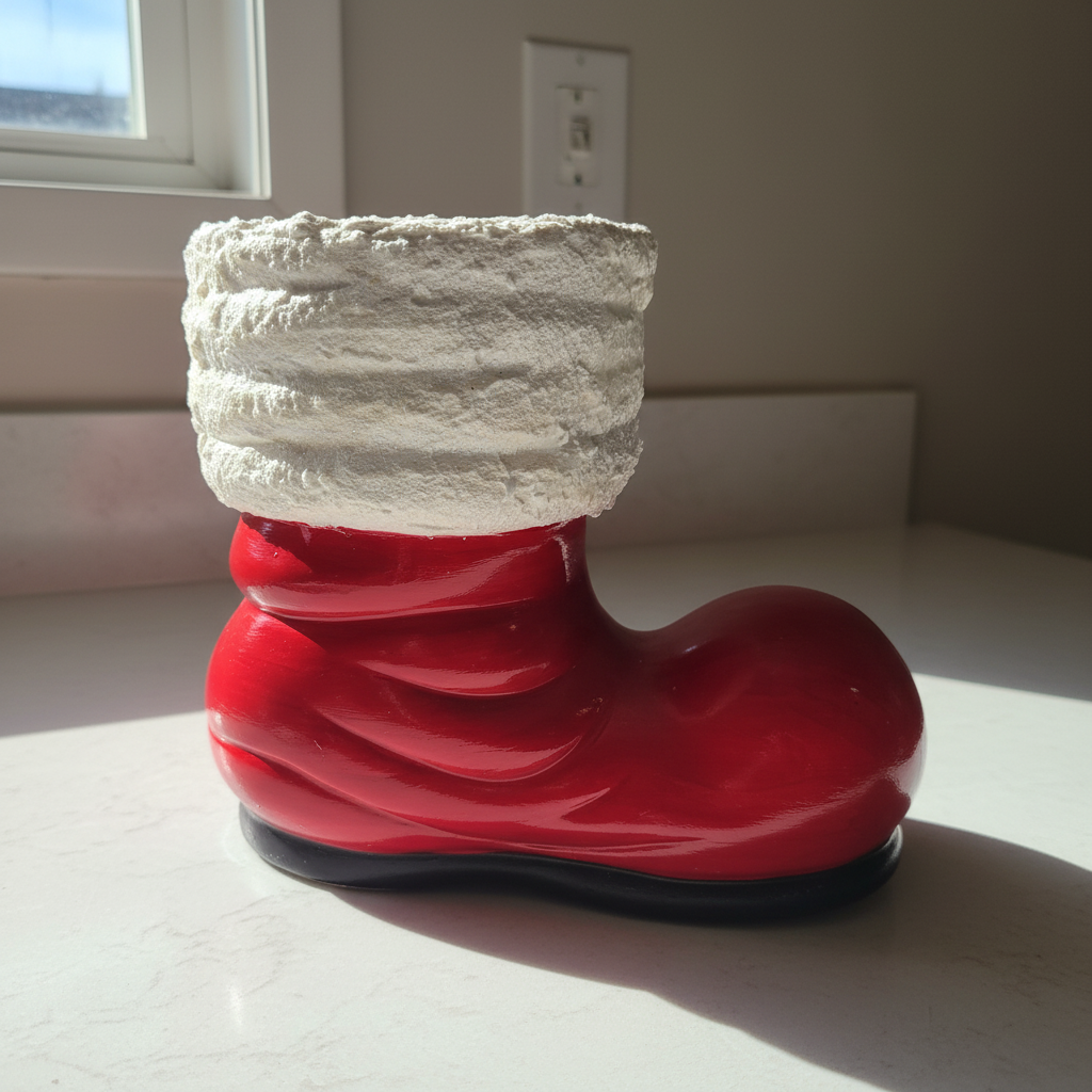 Red ceramic Santa boot with white fluffy cuff on a counter in natural daylight