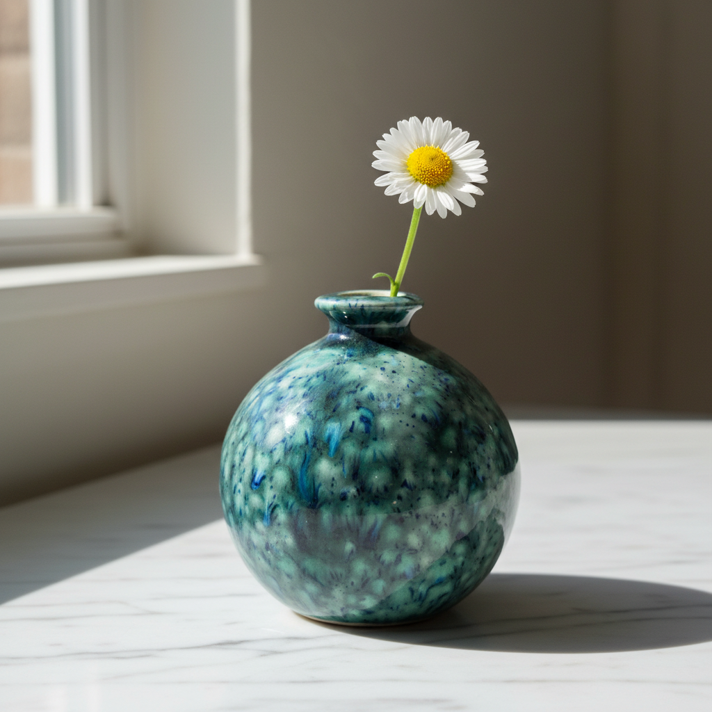 Handcrafted blue and green ceramic bud vase on a counter in natural daylight with a flower stem