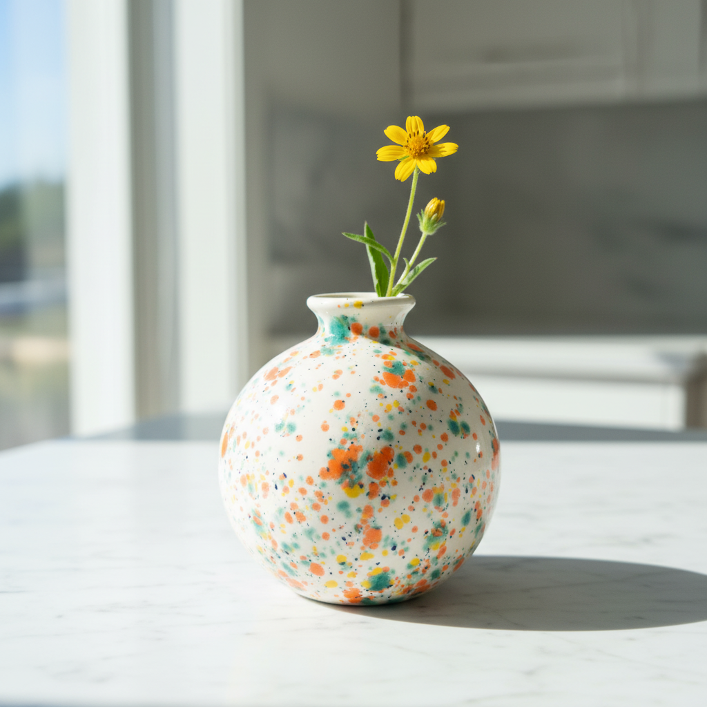 Handcrafted multicolor confetti speckle ceramic bud vase on a counter in natural daylight with a wildflower stem