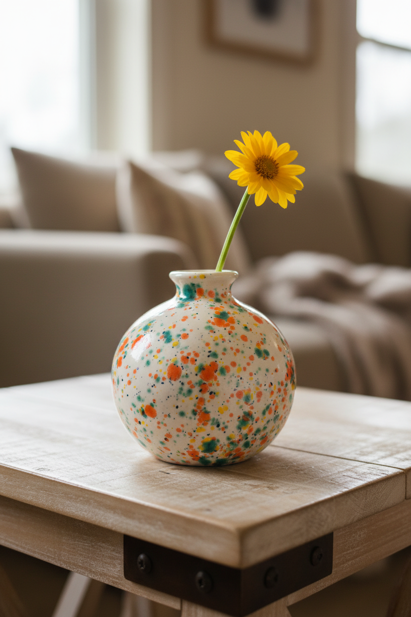 Handcrafted multicolor confetti speckle ceramic bud vase styled on a wooden shelf with a bright flower in a cozy home setting