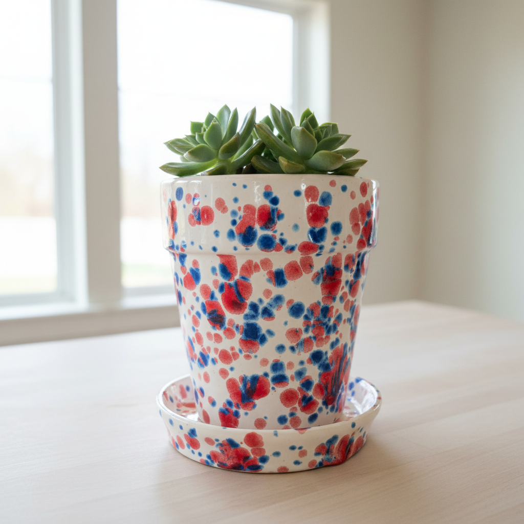 Handcrafted red white and blue speckled ceramic planter with saucer on a counter in natural daylight