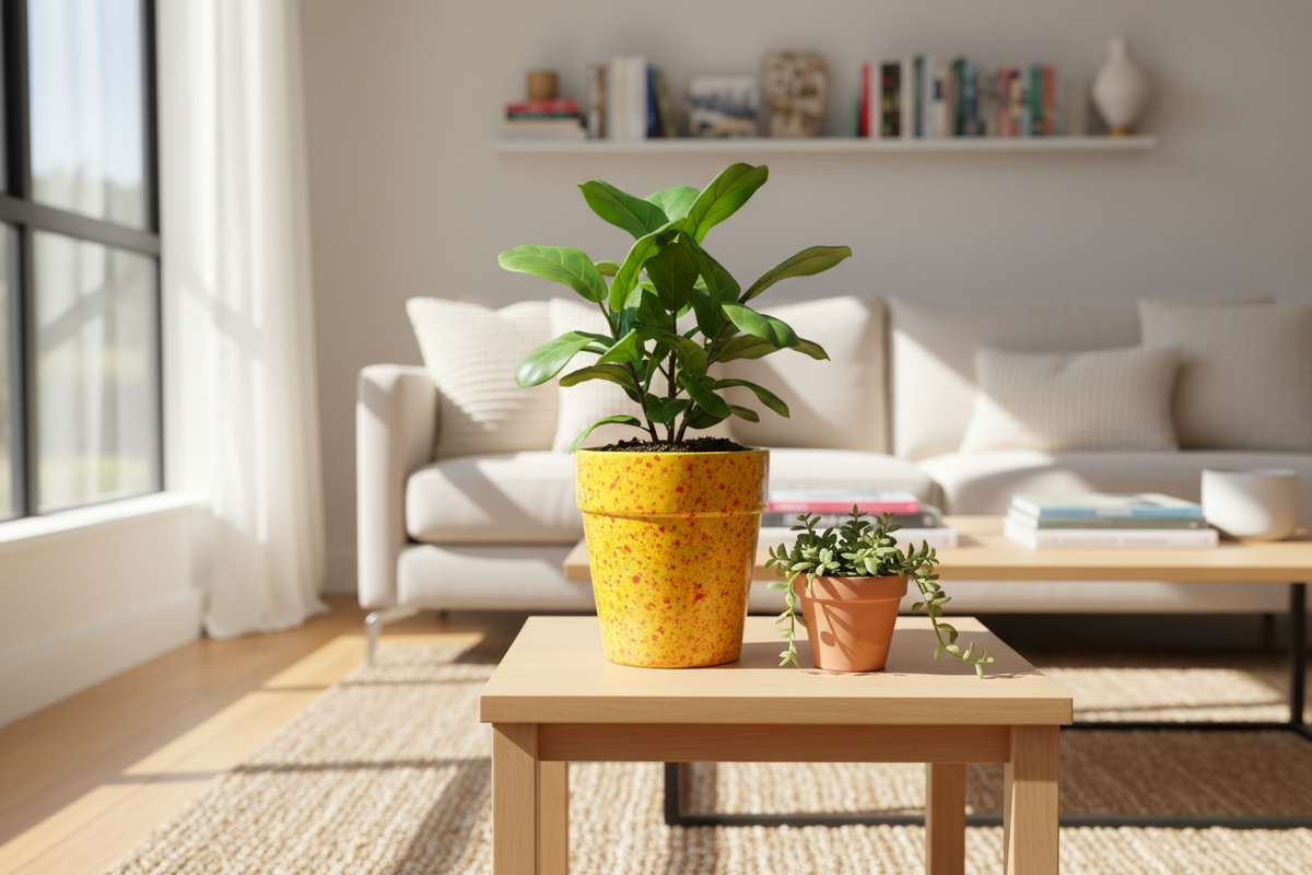Handcrafted yellow speckled glazed ceramic planter on a windowsill in a bright living room lifestyle setting