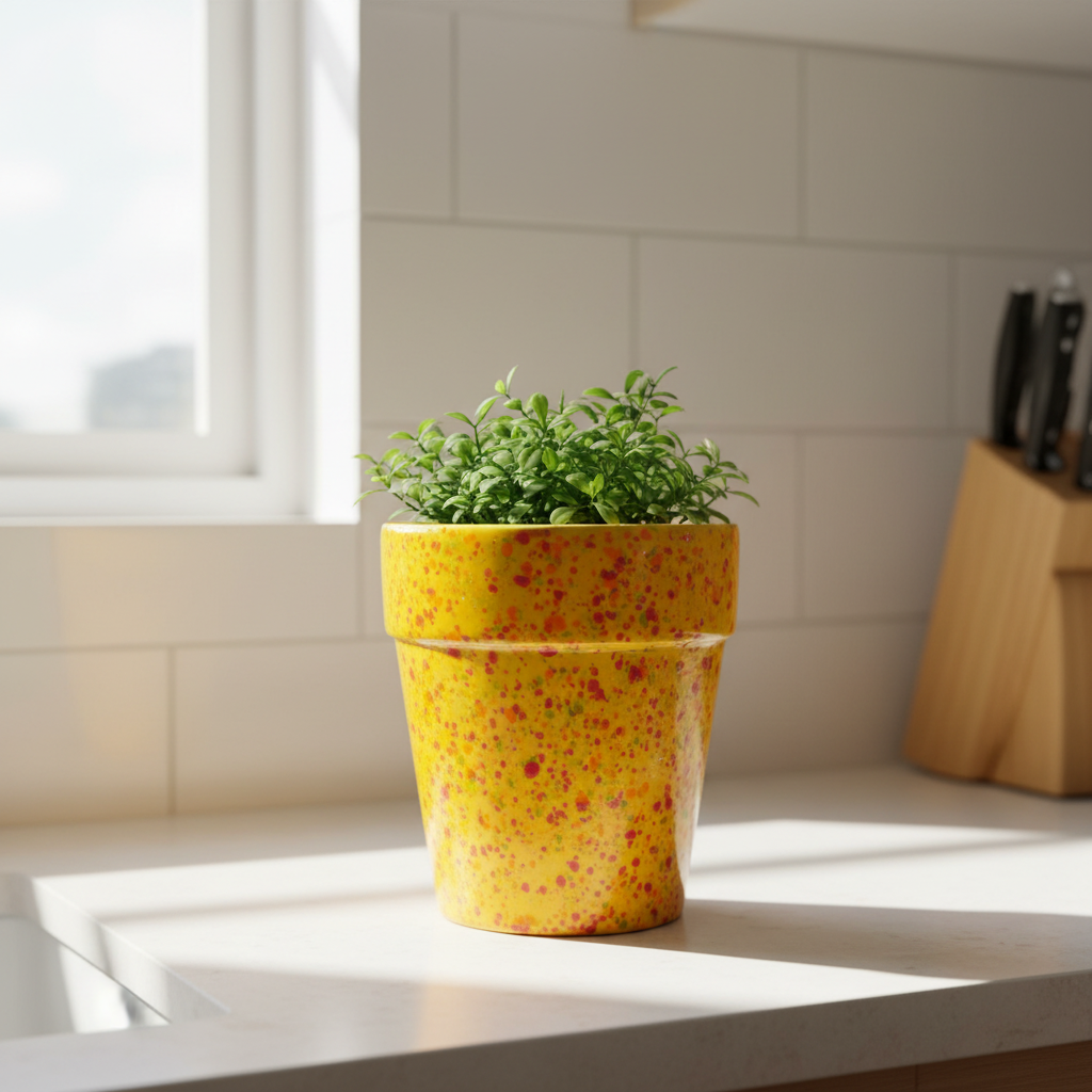 Handcrafted yellow speckled glazed ceramic planter on a counter in natural daylight