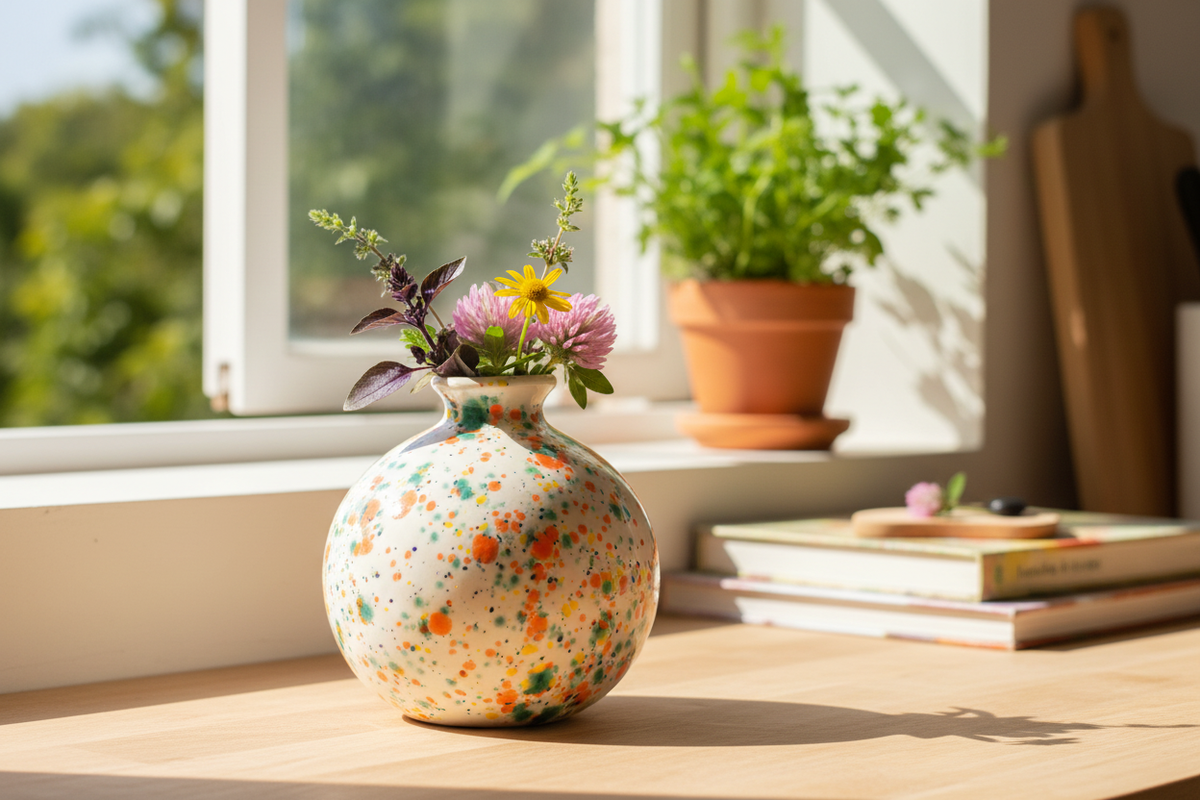 Handcrafted multicolor confetti speckle ceramic bud vase on a sunny windowsill in a cheerful lifestyle setting