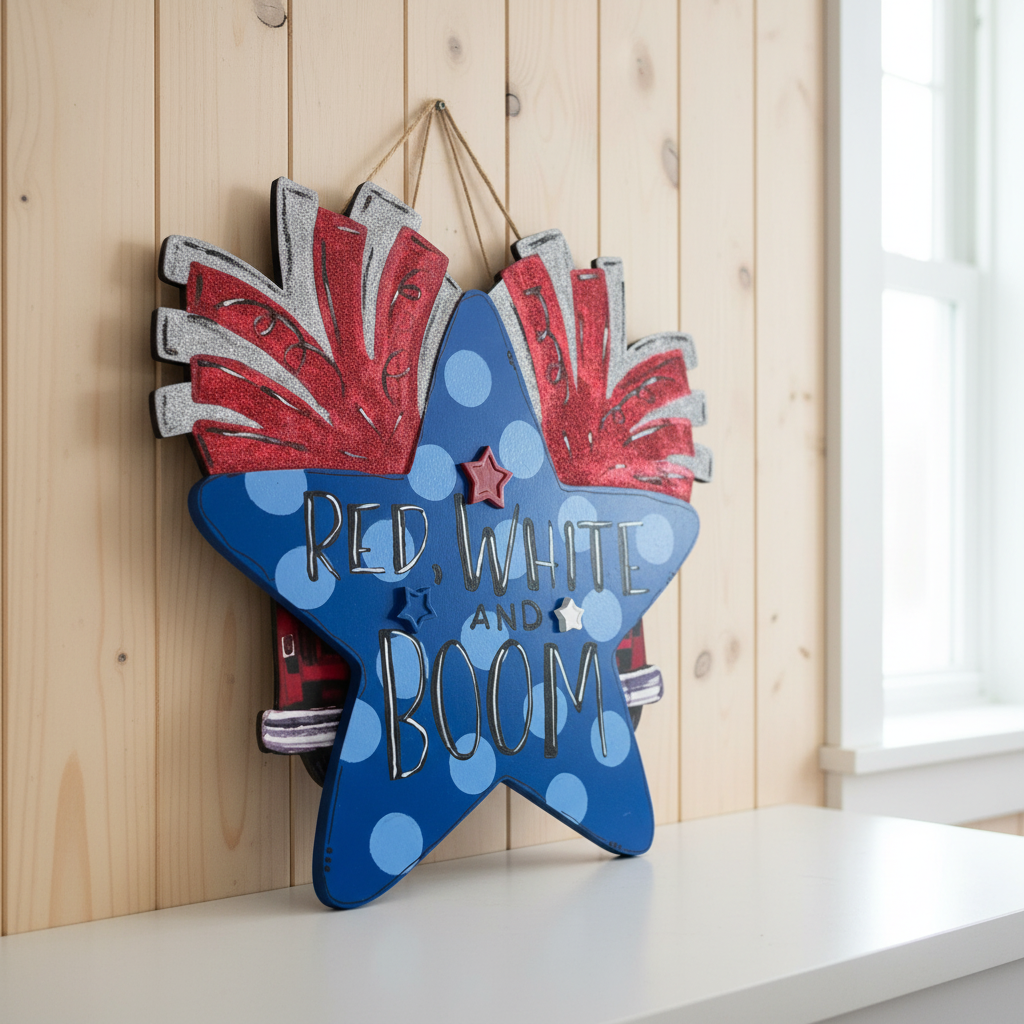 Red White and Boom star-shaped wooden door hanger on a counter in natural daylight
