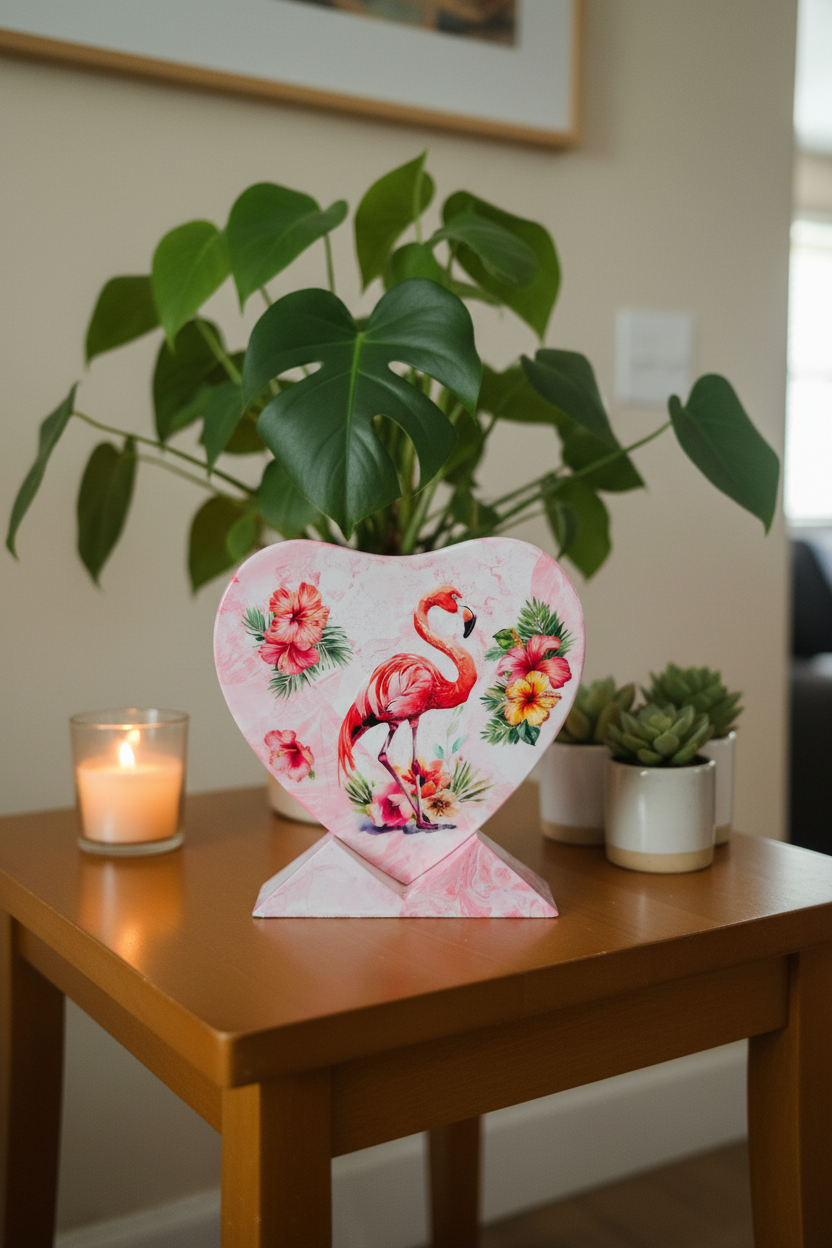 Flamingo ceramic heart stand styled on a wooden shelf with tropical greenery and a candle