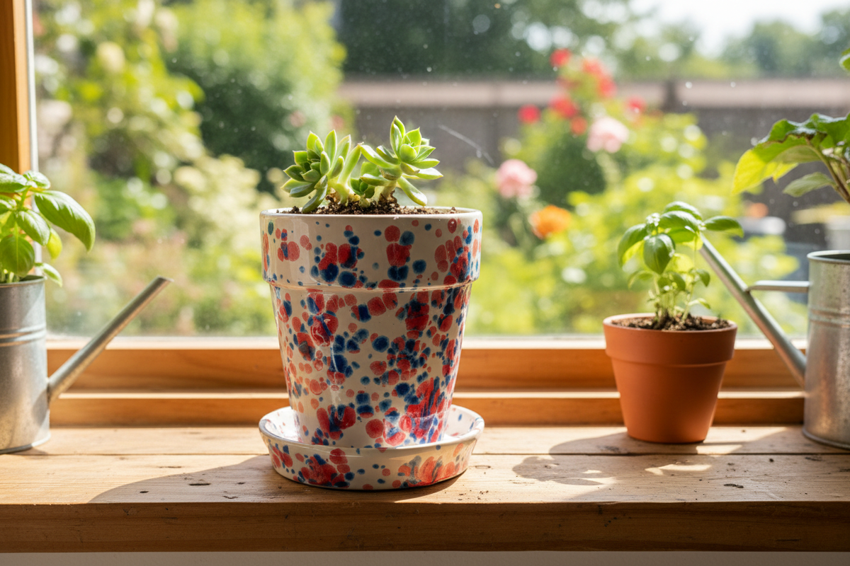 Handcrafted red white and blue speckled ceramic planter on a sunny windowsill or patio in a lifestyle setting