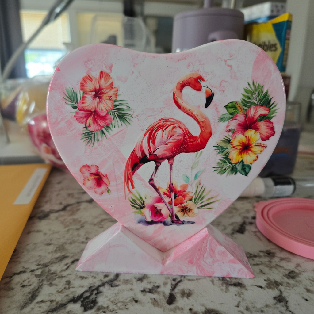 Flamingo ceramic heart stand on a counter in natural daylight