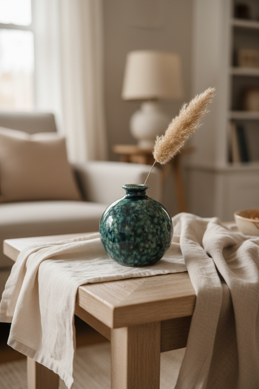 Handcrafted blue and green ceramic bud vase styled on a wooden shelf with a wildflower and linen textures