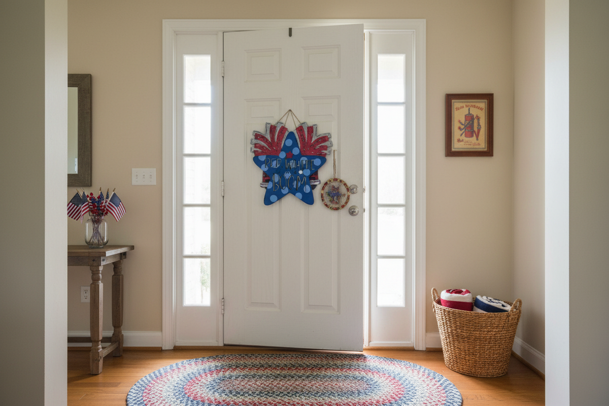 Red White and Boom star-shaped wooden door hanger in a bright entryway with 4th of July lifestyle decor