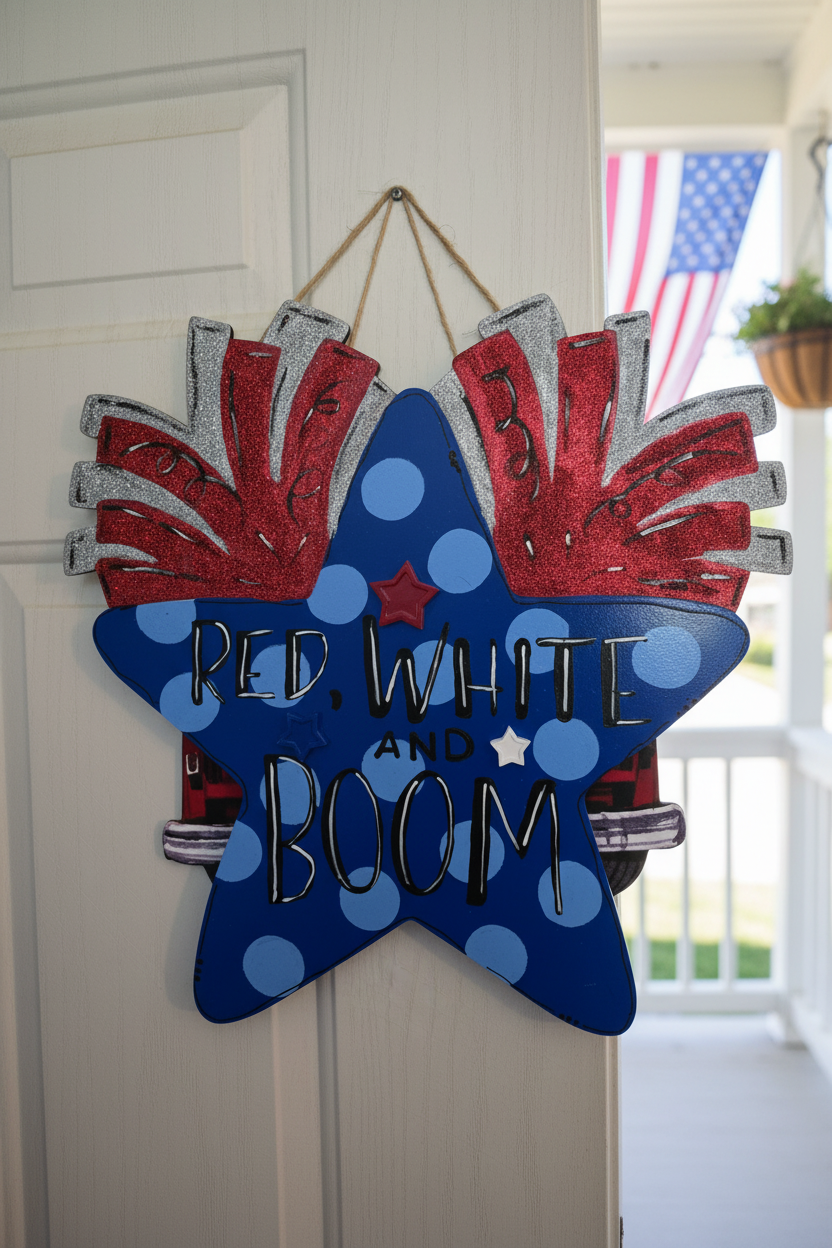 Red White and Boom star-shaped wooden door hanger hanging on a white front door with patriotic porch setting