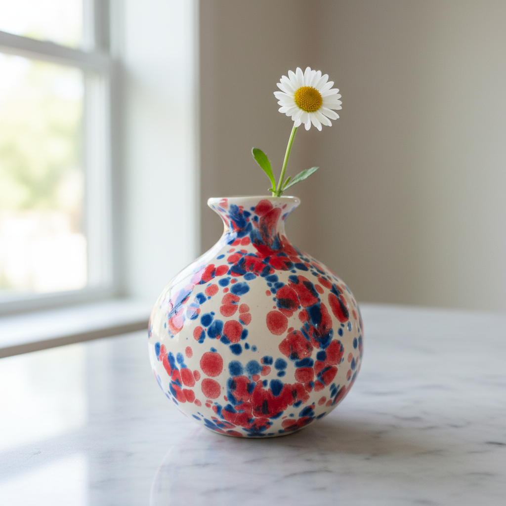 Handcrafted red white and blue speckled ceramic bud vase on a counter in natural daylight with a flower stem