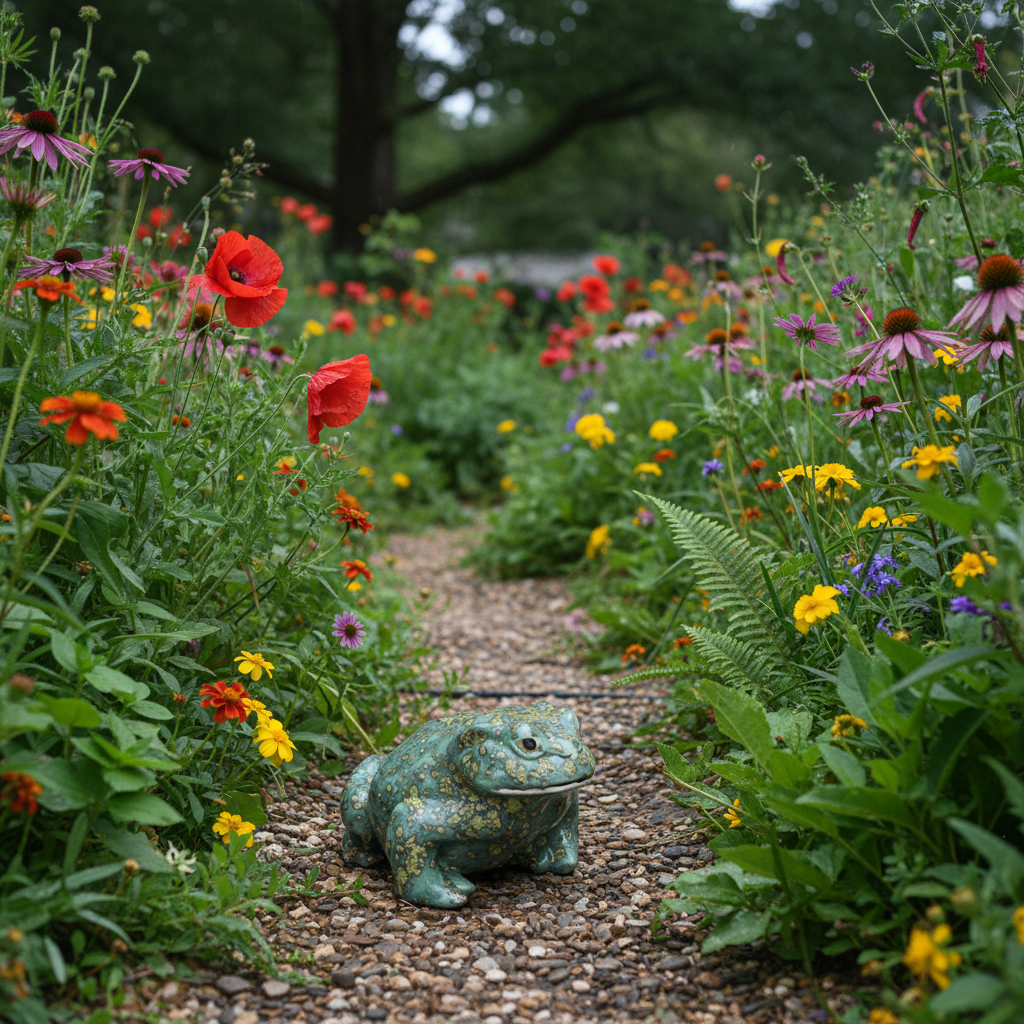 Handmade ceramic frog figurine with speckled green glaze nestled in a lush garden