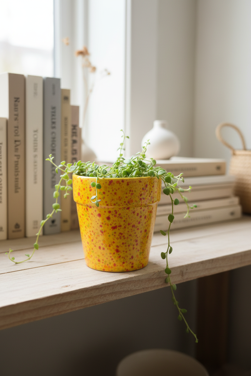 Handcrafted yellow speckled glazed ceramic planter styled on a wooden shelf in a cozy home setting